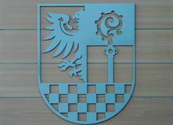 Das Foto zeigt das Wappen des Landkreises Teltow-Fläming im Foyer des Kreishauses in Luckenwalde.