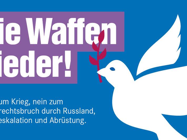 Auf blauem Grund ist eine symbolische weiße Friedenstaube zu sehen, dazu die Worte "Die Waffen nieder!".