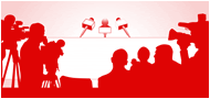 Die Grafik zeigt symbolische Mikrofone und Teilnehmende einer Pressekonferenz.