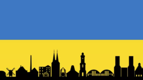 Die Grafik zeigt die Silhouetten von markanten Gebäuden im Landkreis vor den Farben Blau und Gelb.