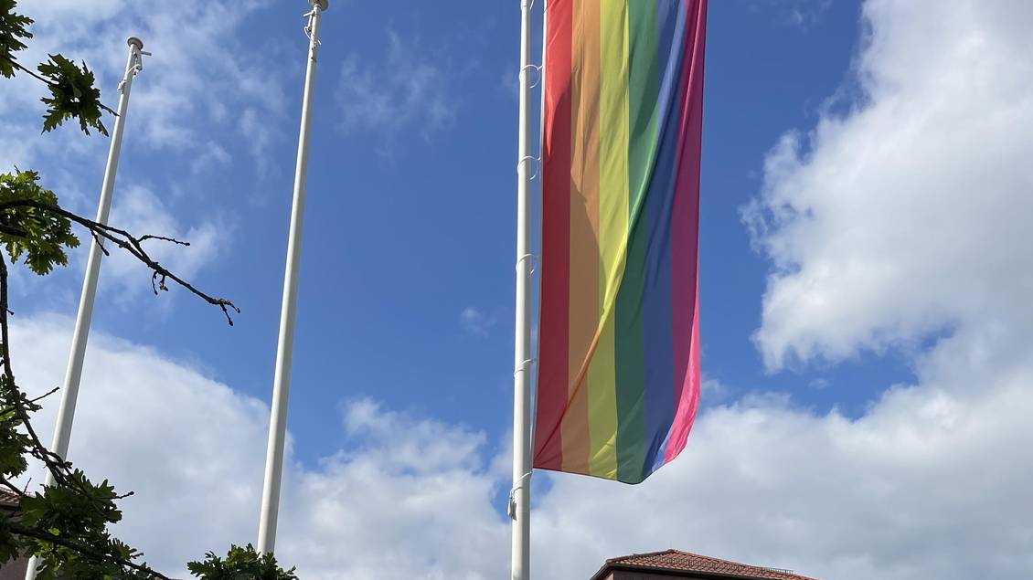 Das Foto zeigt eine Flagge am Fahnemast vor dem Kreishaus.