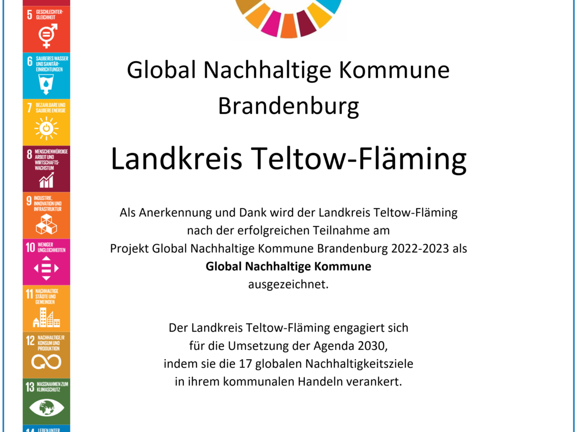 Das Bild zeigt die Urkunde für Teltow-Fläming.